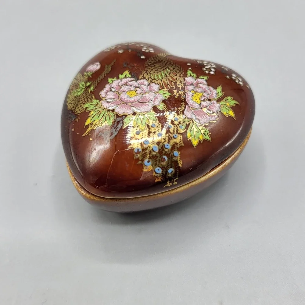 Heart Trinket Box Miniature Peacock Peony Floral Ceramic Brown Shelf Decor